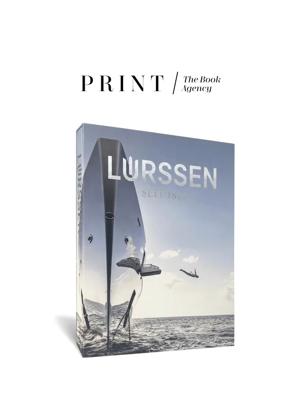 Lürssen book cover showing a diver leaping from a yacht, under the PRINT logo