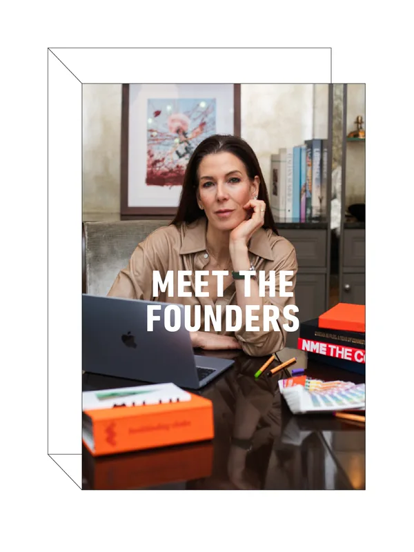 Meet the Founders: a PRINT founder at her desk among books and swatches